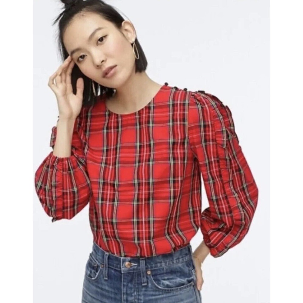 J. CREW Puff Sleeve Top Blouse Shirt Snowy Stewart Tartan Plaid XL Holiday 2019